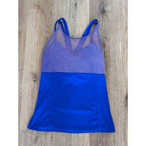 Alo Yoga Mesh Strappy Shelf Bra Tank Top Women L Blue Purple Activewear Layered